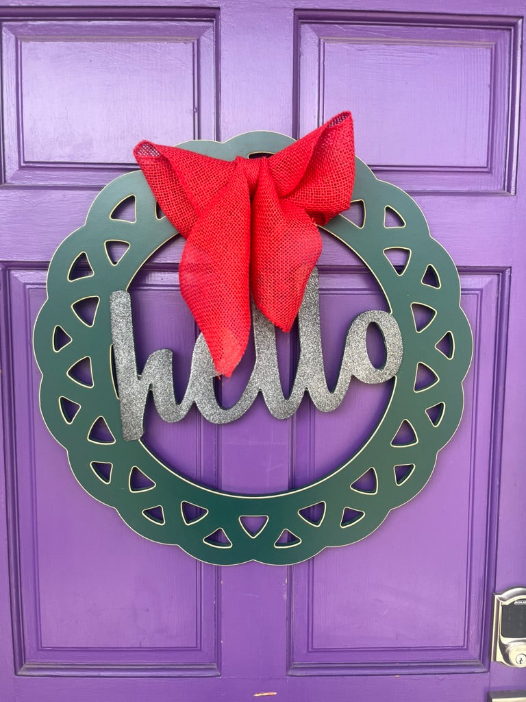 Classic 'Hello' Lattice Circle Door Sign – 23.5" Elegant Welcome Sign for Home Entrance